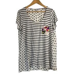 Ezra Women's High Low Polka Dot Striped Pocket Soft Pullover Tee Size L White